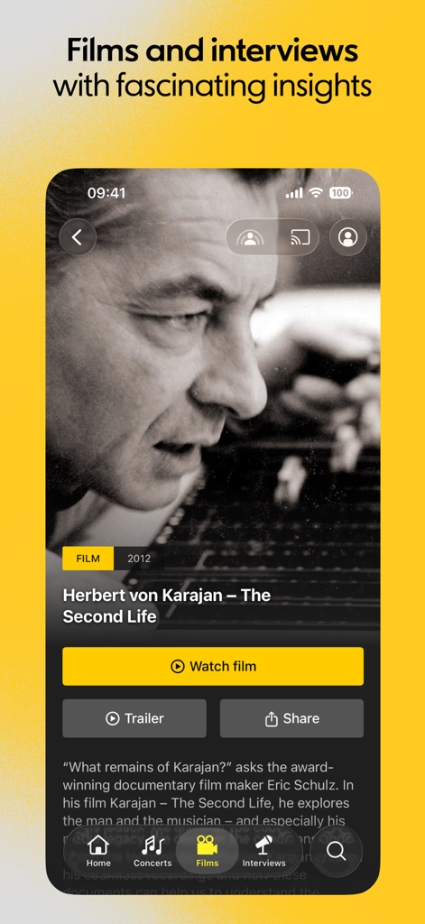 Berliner Philharmoniker - Benutzeroberfläche der Digitalen Konzerthalle App mit einem Dokumentarfilm über den Dirigenten Herbert von Karajan