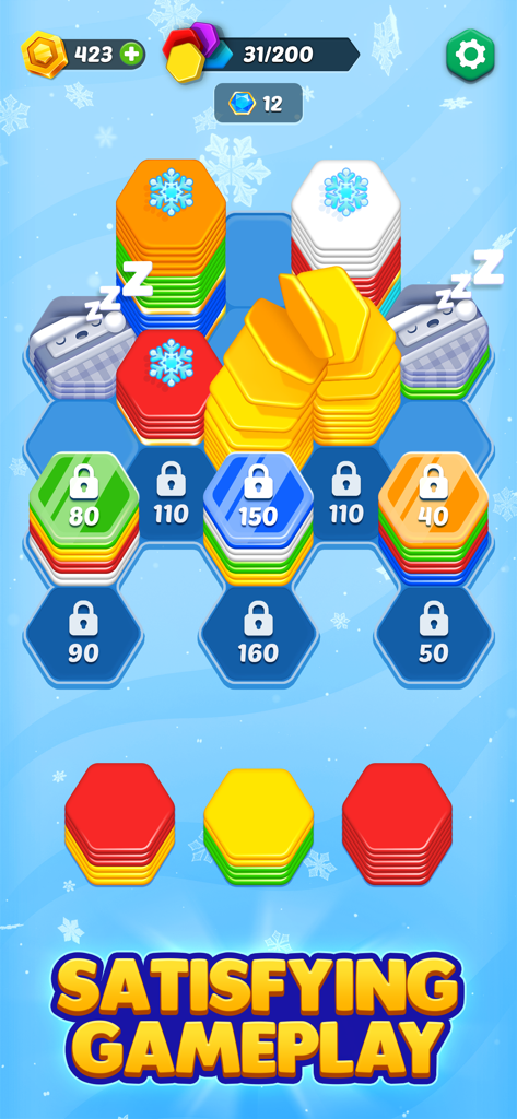 A screenshot of HexaGo showing colorful 3D hexagon stacks and satisfying color sorting gameplay.