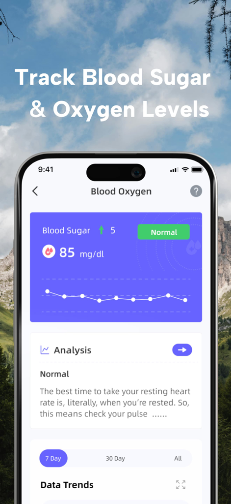 AI Health Pulse - Heart Rate - Interface do aplicativo AI Health Pulse mostrando rastreamento de açúcar no sangue e tendências de dados de níveis de oxigênio.