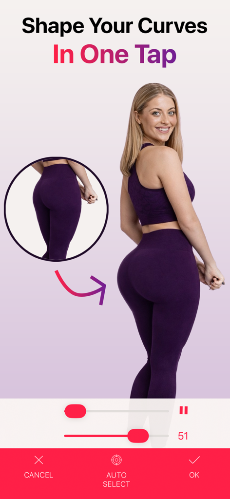Body Sculpt: AI Body Editor - Interfaz de la aplicación Body Sculpt mostrando la forma de curvas impulsada por IA en una mujer con ropa deportiva