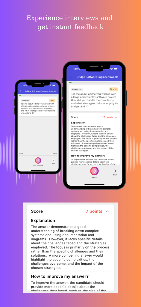 AI Interview Coach - Interfaz de la aplicación Entrenador de Entrevistas IA que muestra una puntuación de entrevista simulada con retroalimentación detallada y sugerencias de mejora para un puesto de ingeniería de software