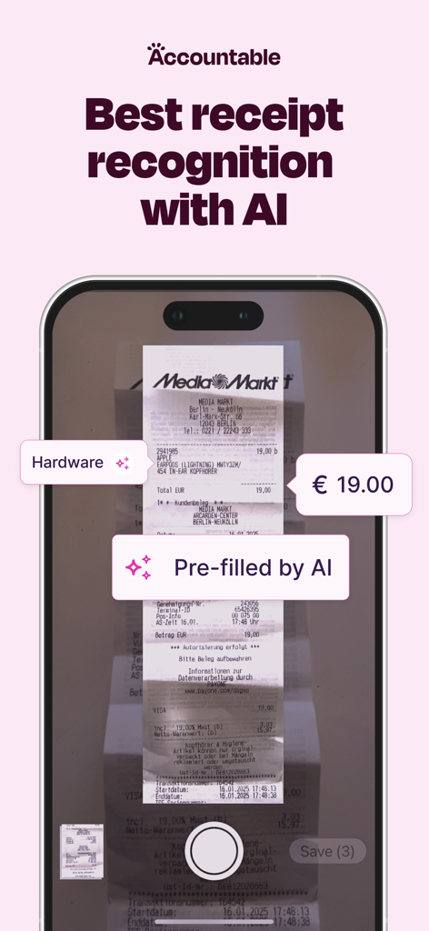 Accountable app interface demonstrating AI receipt scanning for automated expense tracking
