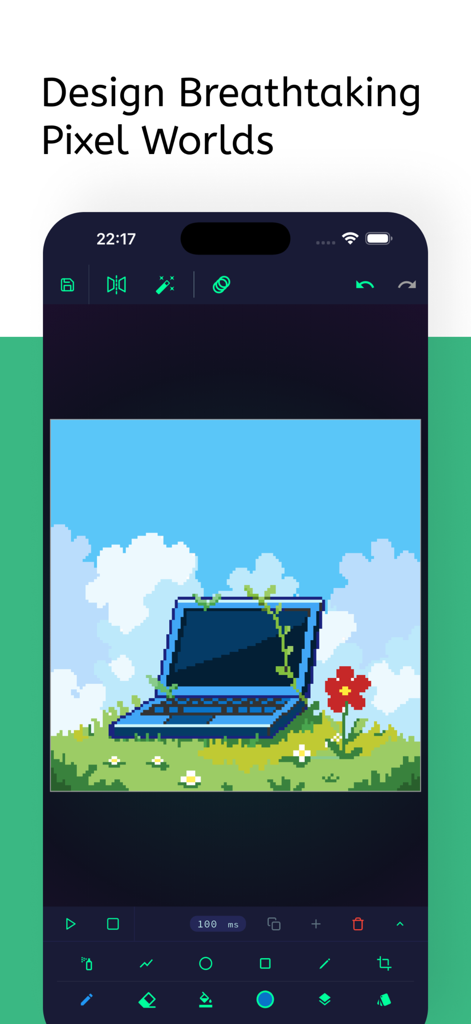 Picell - Pixel Art Editor - Picell app interface showing a pixel art drawing of a laptop in a grassy landscape