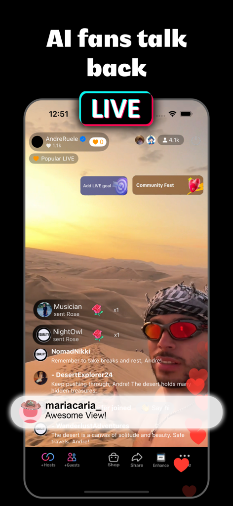 Go Live Simulator - A simulated live stream interface on Go Live Simulator showing a man in a desert with AI fan comments and virtual gifts.