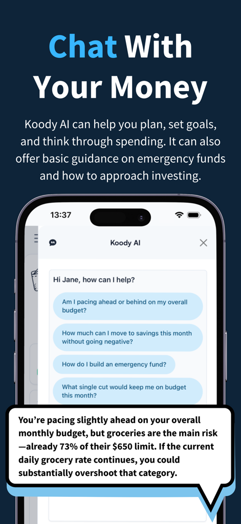Koody - Budget & Bills Tracker - Koody AI assistant providing personalized financial advice and budget tracking in a chat interface