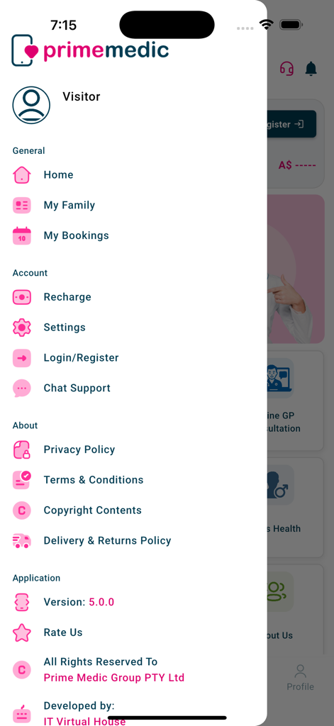 Prime Medic - Online Clinic - Side menu of the Prime Medic online clinic app featuring general account and about sections