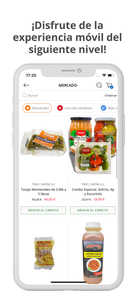 Pantalla del mercado de la aplicación móvil Pinton mostrando productos de comida caribeña tradicional como sofrito y ají cachucha