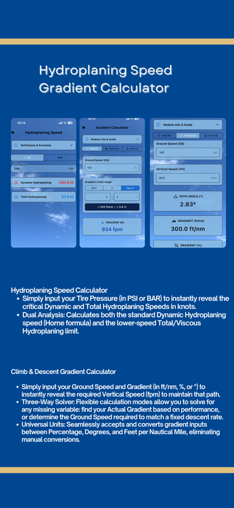 Capturas de pantalla móviles de calculadoras de velocidad de hidroplaneo y gradiente de vuelo para pilotos en la aplicación PFSmarter
