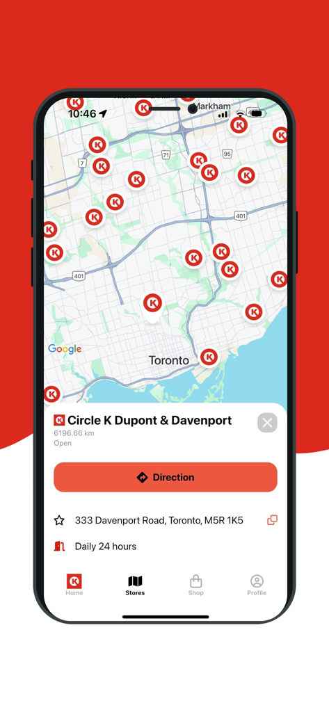 My Carwash (CK) - Tela de mapa mostrando locais de lava-rápido Circle K e informações da loja