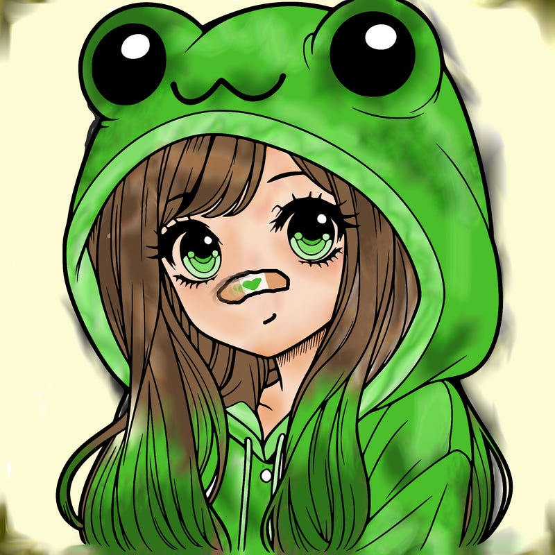 a pretty girl wearing a frog hoodie portrait with long hair