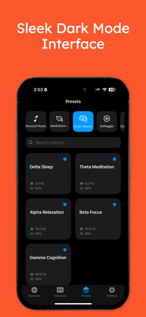 ToneWave Pro - Sleek dark mode interface of the ToneWave Pro app showing various brain wave frequency presets like Delta Sleep and Beta Focus.