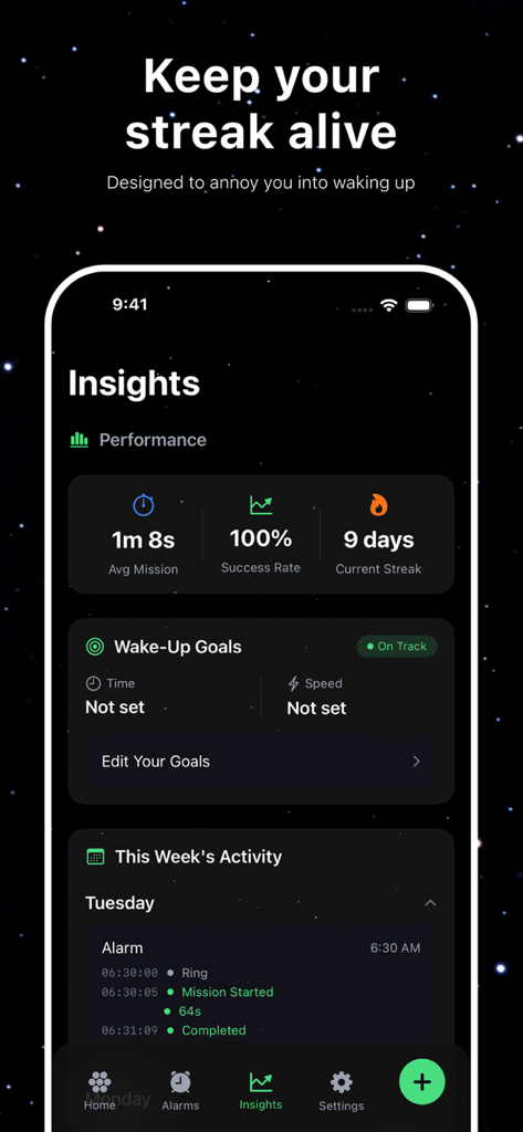 Noozr - wake up early - 미션 통계 성공률 및 현재 기상 연속 기록을 보여주는 Noozr 앱 성능 인사이트 화면