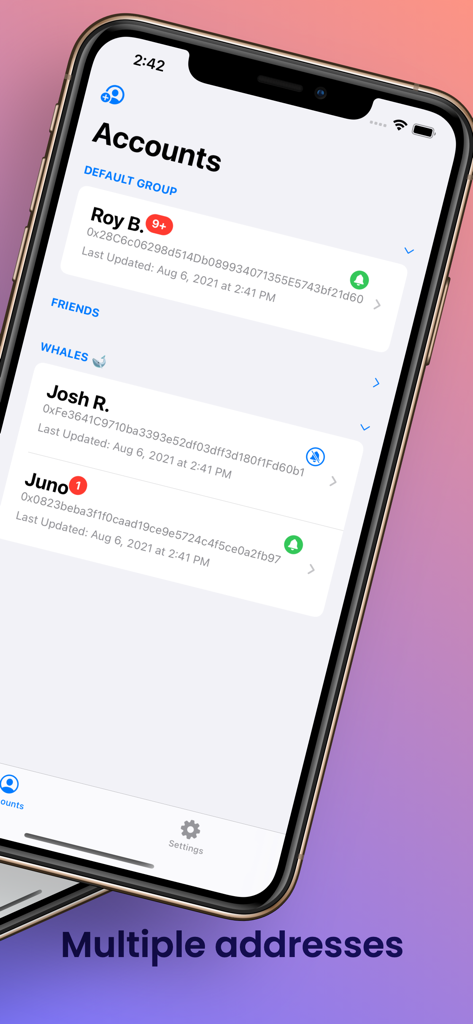 Ethereum Wallet Tracker - iPhone screen showing multiple Ethereum wallet addresses organized into custom groups like whales and friends for real time tracking