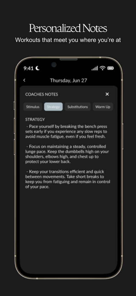 CompTrain - CompTrain mobile app screen displaying personalized coaches notes and strategy for a functional fitness workout
