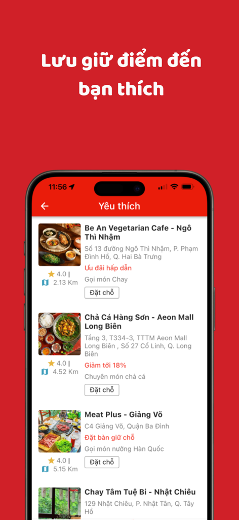 PasGo: Đặt bàn nhà hàng ưu đãi - Screenshot of the PasGo app favorites screen showing a list of saved restaurants with photos, ratings, and booking options.