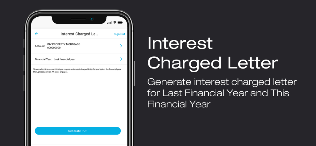 Firstmac Money - Firstmac Money app screen showing the process to generate an interest charged letter for a property mortgage account