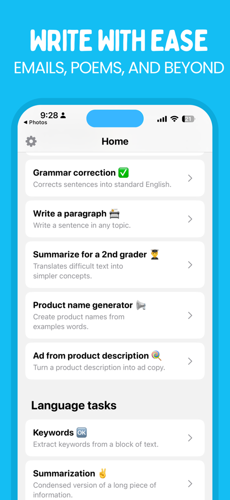A screenshot of the Rephrase app home screen showing features like grammar correction, paragraph writing, and summarization tools.