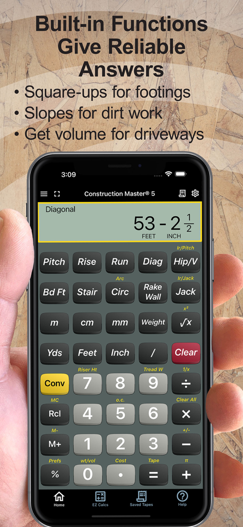 Construction Master 5 Calc - A smartphone screen displaying the Construction Master 5 calculator app with feet and inch measurements