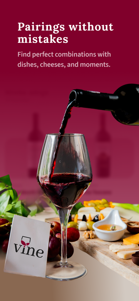 Red wine pouring into a glass with a cheese board highlighting Vine app food pairings