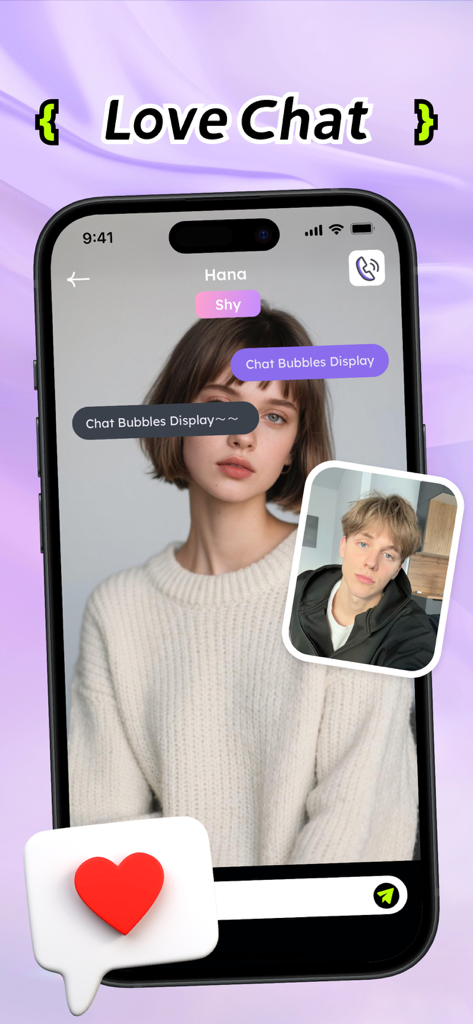 Lovint app Love Chat interface featuring a simulated conversation with an AI character