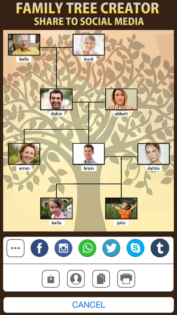 Interface of Family Tree Creator app showing a visual pedigree chart with photos and social media sharing icons