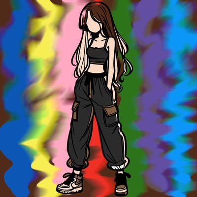girl in baggy pants crop top and long hair
