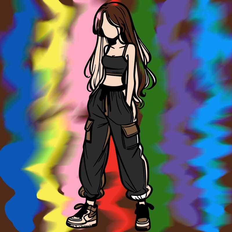 girl in baggy pants crop top and long hair