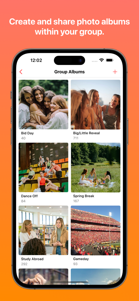 Flare app interface showing shared photo albums for college group events