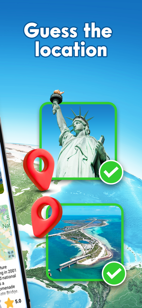 Pinpoint Where: Places to Know - Pinpoint Where app interface showing a geography guessing game with world landmarks and map pins.