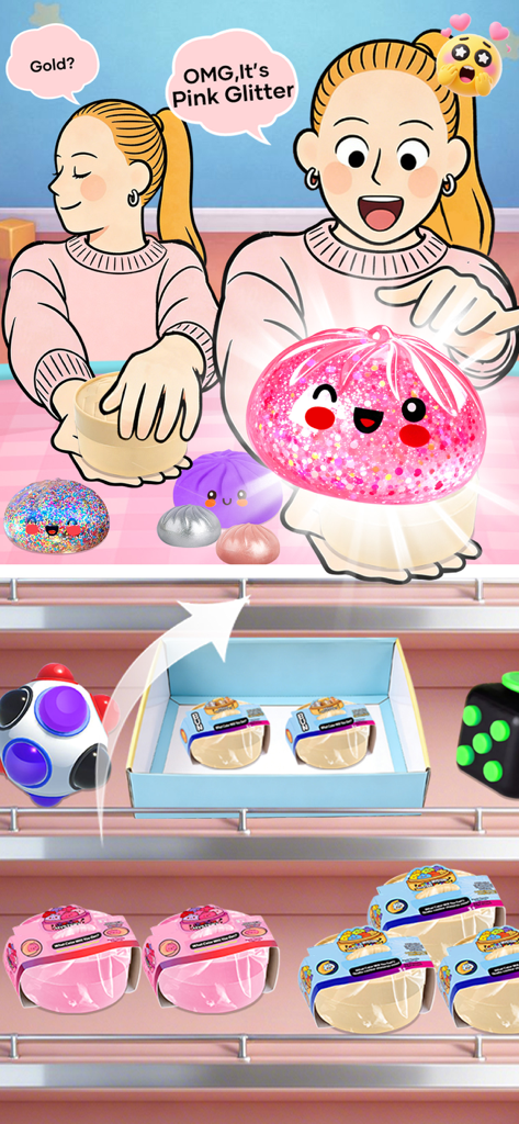 Squishy Fidget Toys - Unbox It - A girl unboxing a rare pink glitter mystery squishy toy in the unbox it app