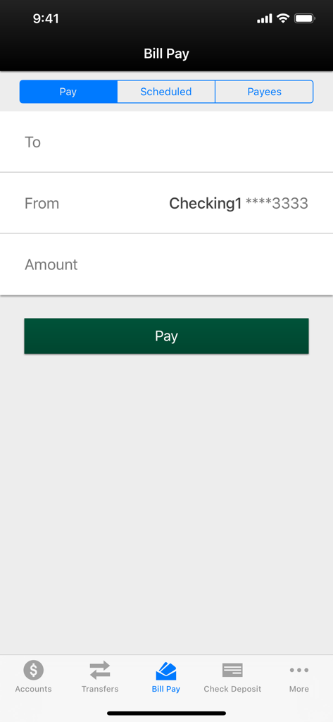 Valley Mobile Banking - Valley Mobile Banking app bill pay screen showing options to select a recipient and payment amount