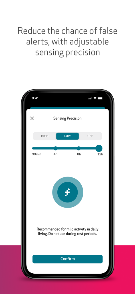 EpiMonitor by Empatica - EpiMonitor app interface showing sensing precision adjustment for seizure detection alerts