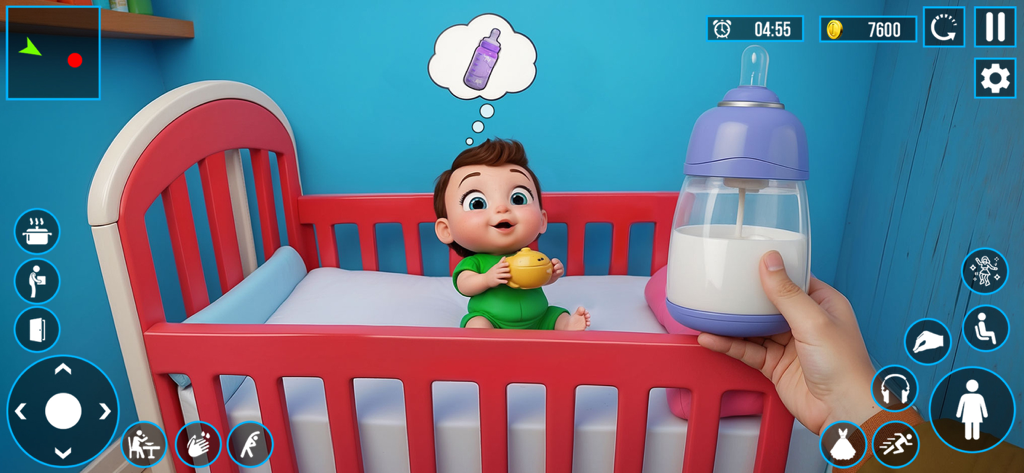 Mother Life Simulator Mom Game - Vista en primera persona de una mano sosteniendo un biberón para alimentar a un bebé de dibujos animados sentado en una cuna roja.
