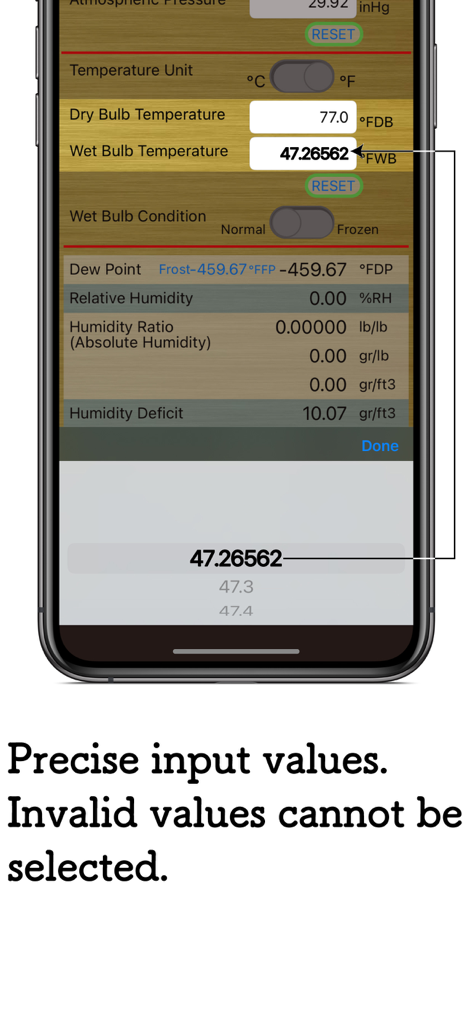Interface of the HumidCalc app showing high precision input for temperature calculations