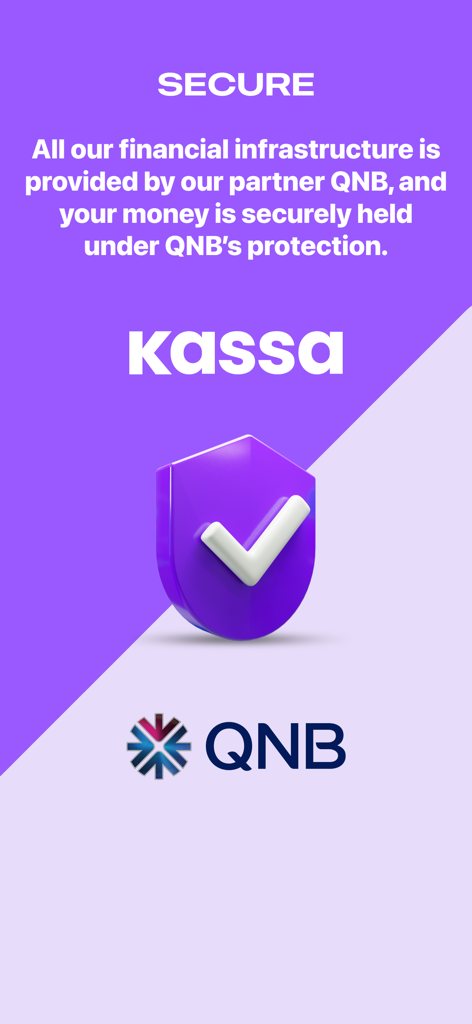 Kassa app security information screen showcasing its financial partnership with QNB bank.