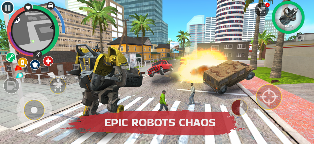 Un robot amarillo gigante causando explosiones y volcando coches en una calle de la ciudad durante el juego