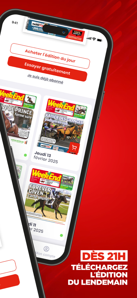 Interfaccia dell'app mobile di Week End Turf che mostra varie edizioni digitali di riviste di corse ippiche.