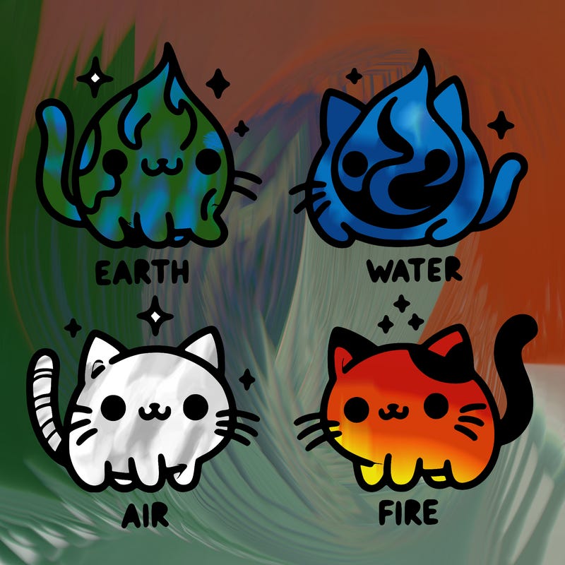 4 cats that represent the different elements, earth, water, air, and fire