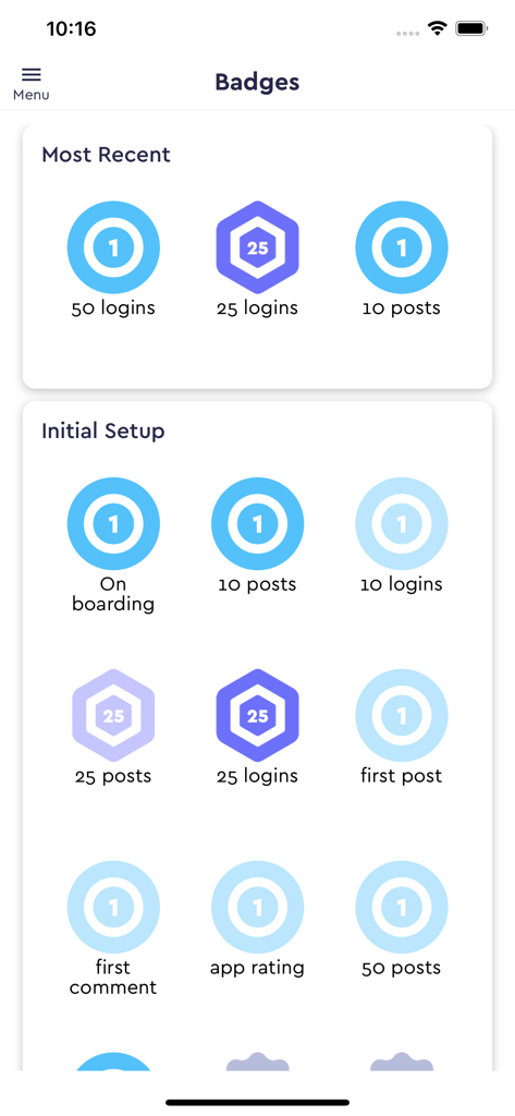 Abzeichen für Benutzerleistungen für Aktivitäten wie Anmeldungen und Beiträge in der Intouch-App.