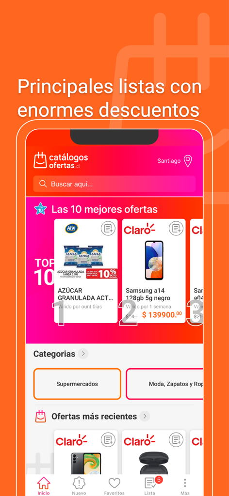 Catálogos y ofertas de Chile - Pantalla de inicio de la aplicación Catálogos y ofertas de Chile que muestra descuentos actuales y categorías de productos.