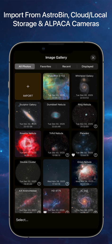 SkySafari 8 Plus - SkySafari 8 Plus app interface displaying a gallery of imported deep sky images including nebulae and galaxies on an iPhone