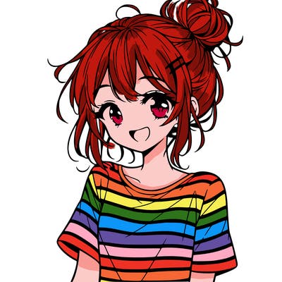 anime girl teenager striped shirt and smile and messy bun