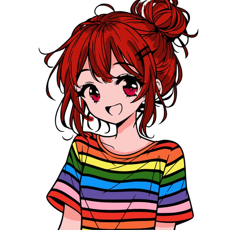 anime girl teenager striped shirt and smile and messy bun