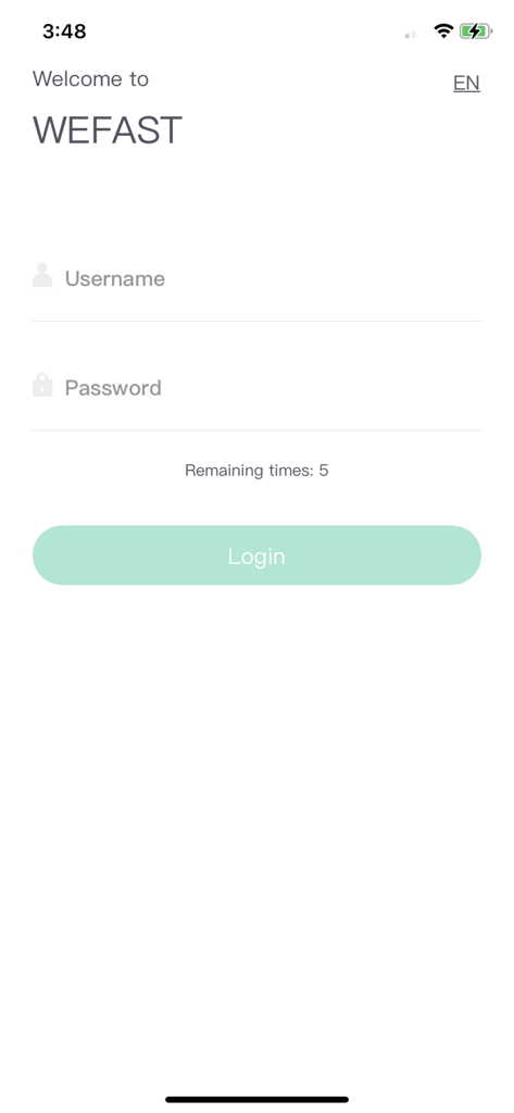 Wefast - Wefastアプリのログインインターフェース。ユーザー名とパスワード入力フィールド、ログインボタンが表示されています。