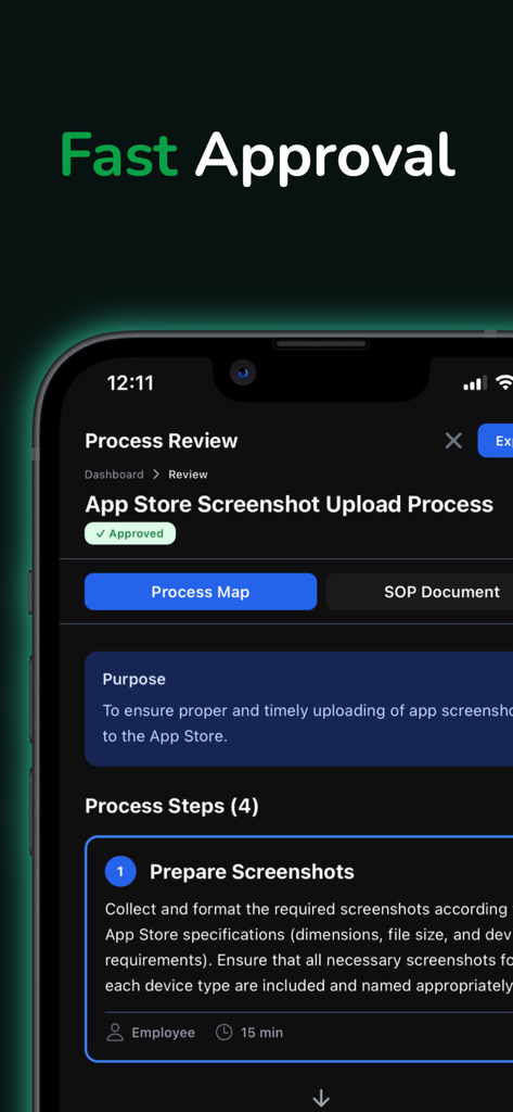 SOPmate mobile app interface displaying a reviewed and approved business process workflow