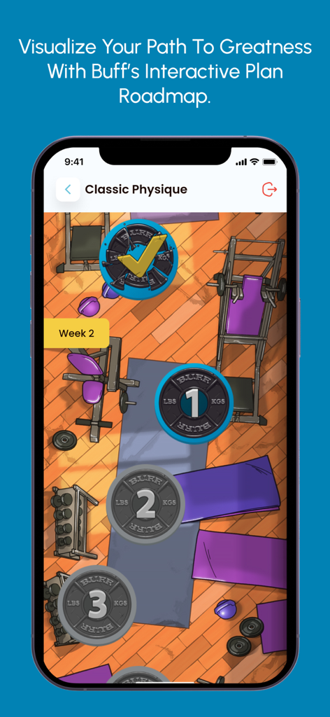 BUFF | Gym Workout Tracker - Interactive workout roadmap in the BUFF app displaying a fitness training plan with numbered weight plate markers.