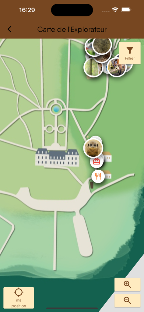 Mappa interattiva dell'esploratore dell'app Thoiry ZooSafari che mostra icone di animali e servizi del parco