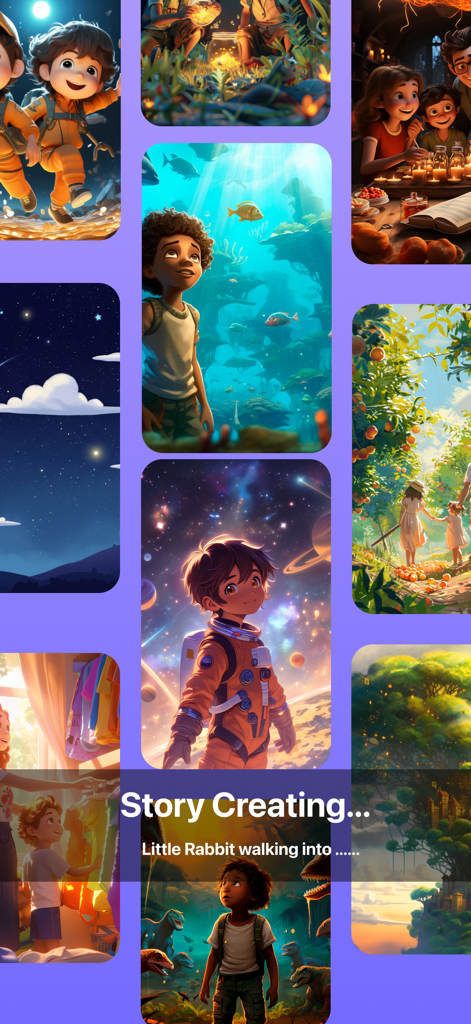 StoryTime Kids: AI Storybook - Collage of colorful AI generated storybook scenes featuring children in space underwater and jungle adventures