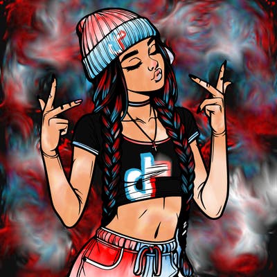 realistic teenage girl with braids and a beanie and crop top doing 🫶🏼