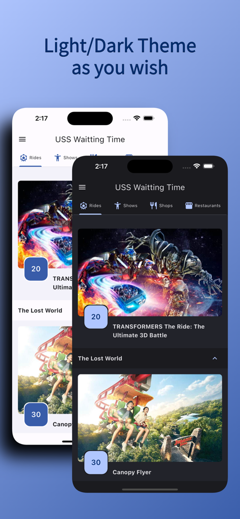 USS Waiting Time (Unofficial) - The USS Waiting Time app interface in light and dark mode showing attraction wait times for Universal Studios Singapore.